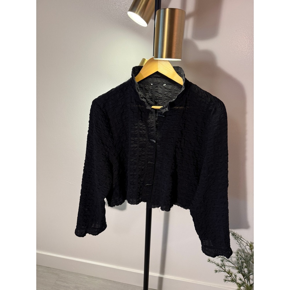 no brand y2k crop pucker button up black boxy loose fit trending long sleeves LG